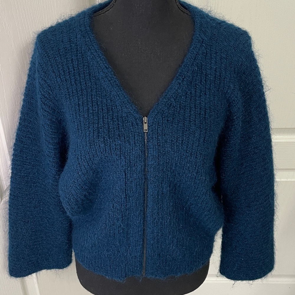 COS boxy cardigan mohair mix midnight teal S kimono sleeves zip chunky cropped